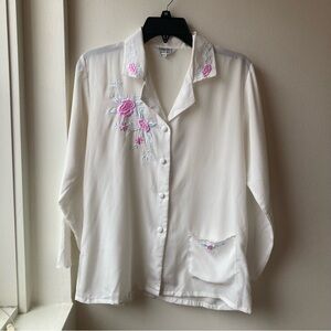 Vintage Embroidered White Blouse with Pink Floral Design 100% Silk